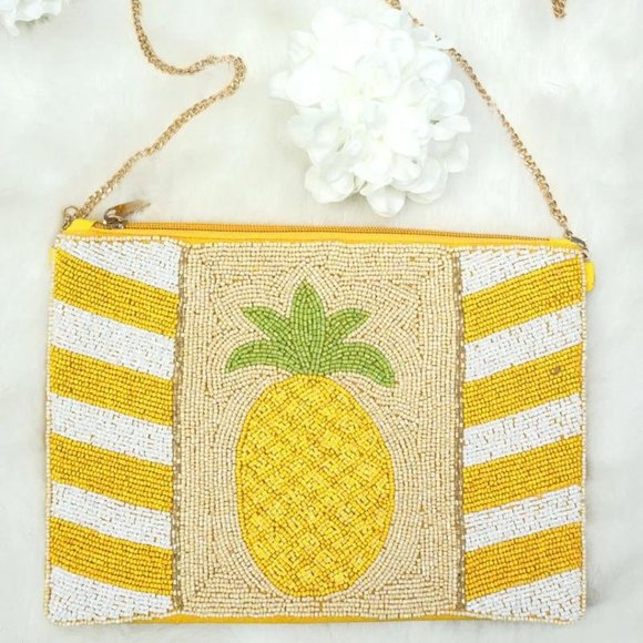 Kaylee Bags Kaylee Yellow Pineapple Beaded Slim Zip Tp Clutch